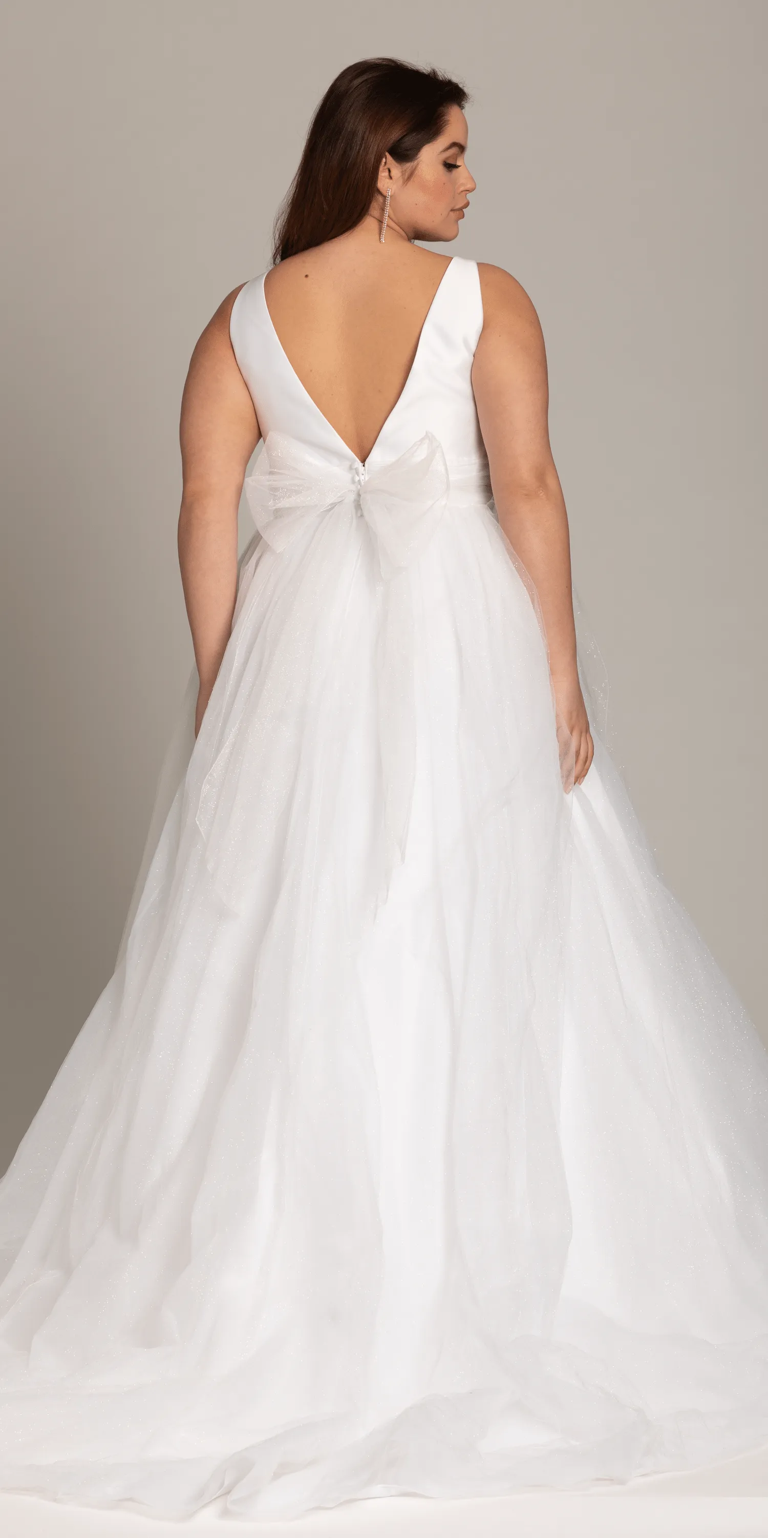 Plunging Mikado Glitter Ballgown with Bow Back