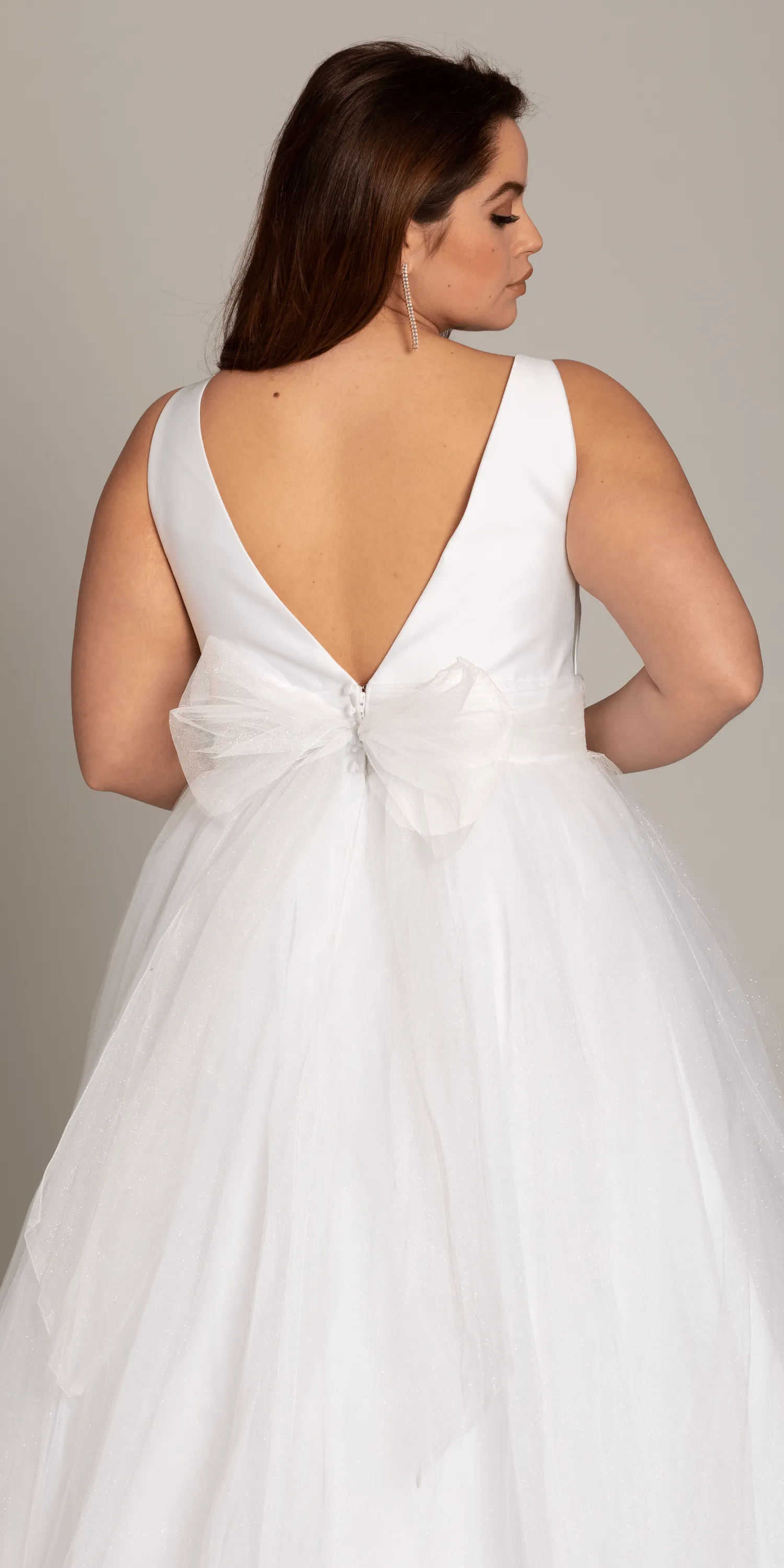 Plunging Mikado Glitter Ballgown with Bow Back