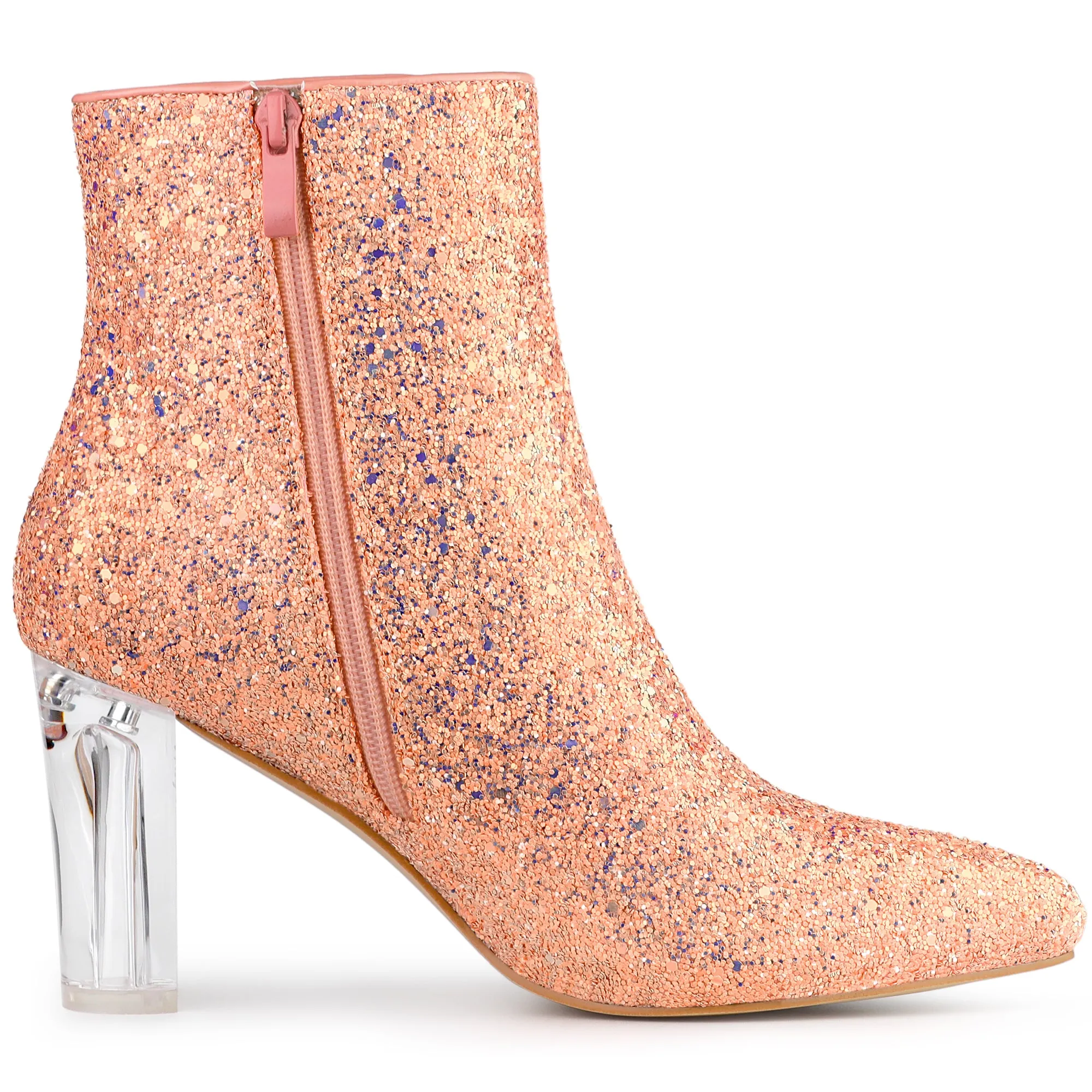 Pointed Toe Clear Block Heel Glitter Ankle Boots