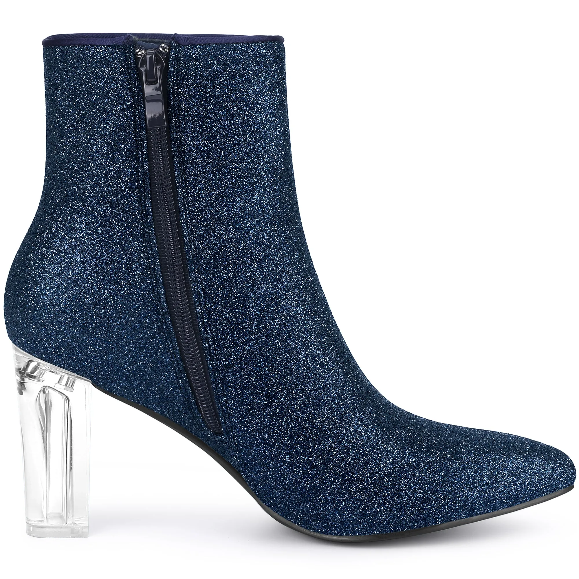 Pointed Toe Clear Block Heel Glitter Ankle Boots