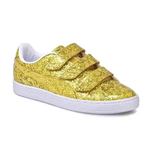 Puma Basket Strap Glitter 364070 02 Women's Gold Low Top Sneakers Shoes C2065