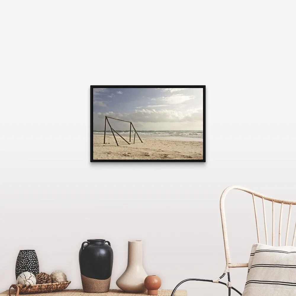 "A makeshift soccer net constructed from driftwood. Tulum, Mexico, 2010." Black Float Frame Canvas Art