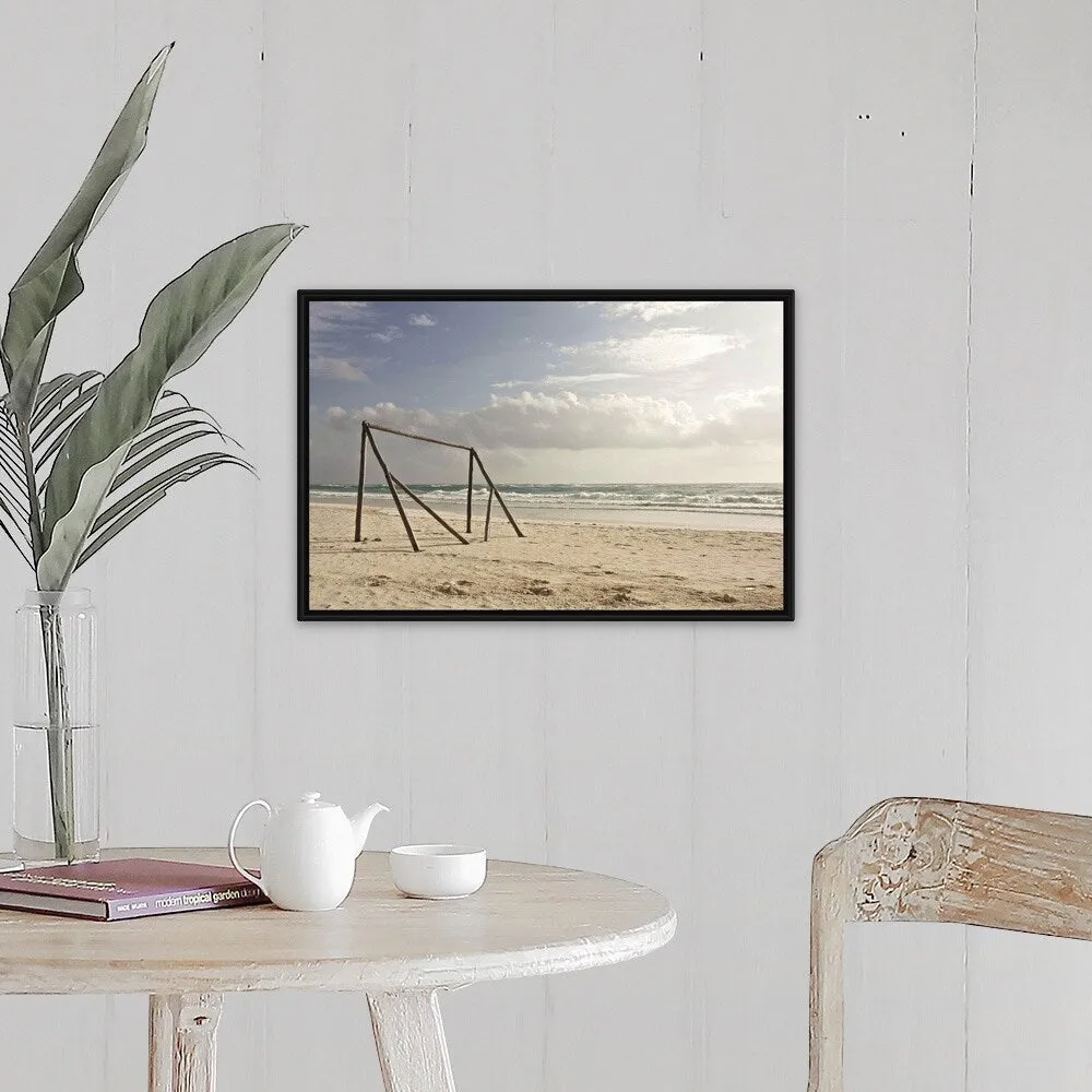 "A makeshift soccer net constructed from driftwood. Tulum, Mexico, 2010." Black Float Frame Canvas Art