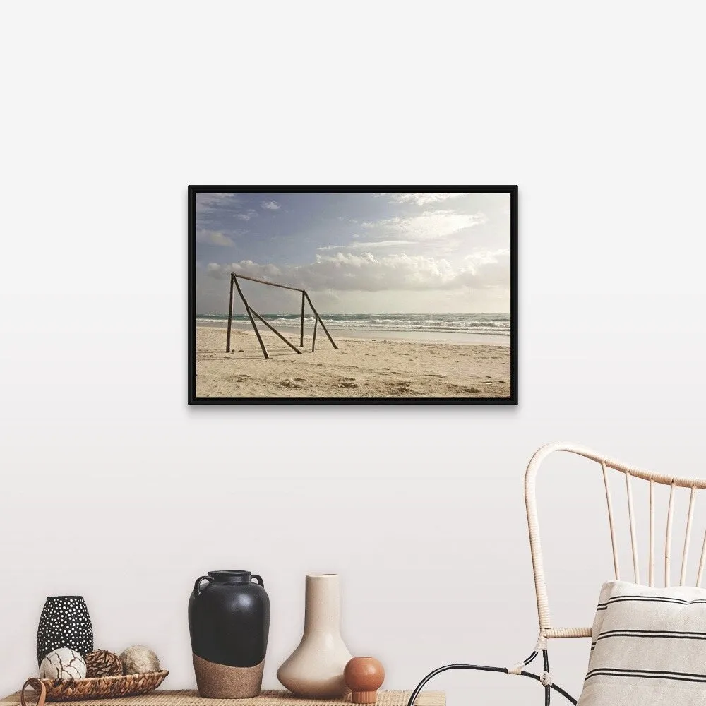 "A makeshift soccer net constructed from driftwood. Tulum, Mexico, 2010." Black Float Frame Canvas Art