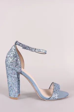Qupid Glitter Encrusted Open Toe Ankle Strap Chunky Heel