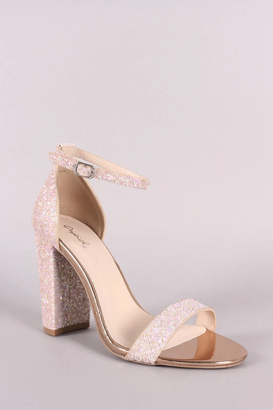 Qupid Glitter Encrusted Open Toe Ankle Strap Chunky Heel