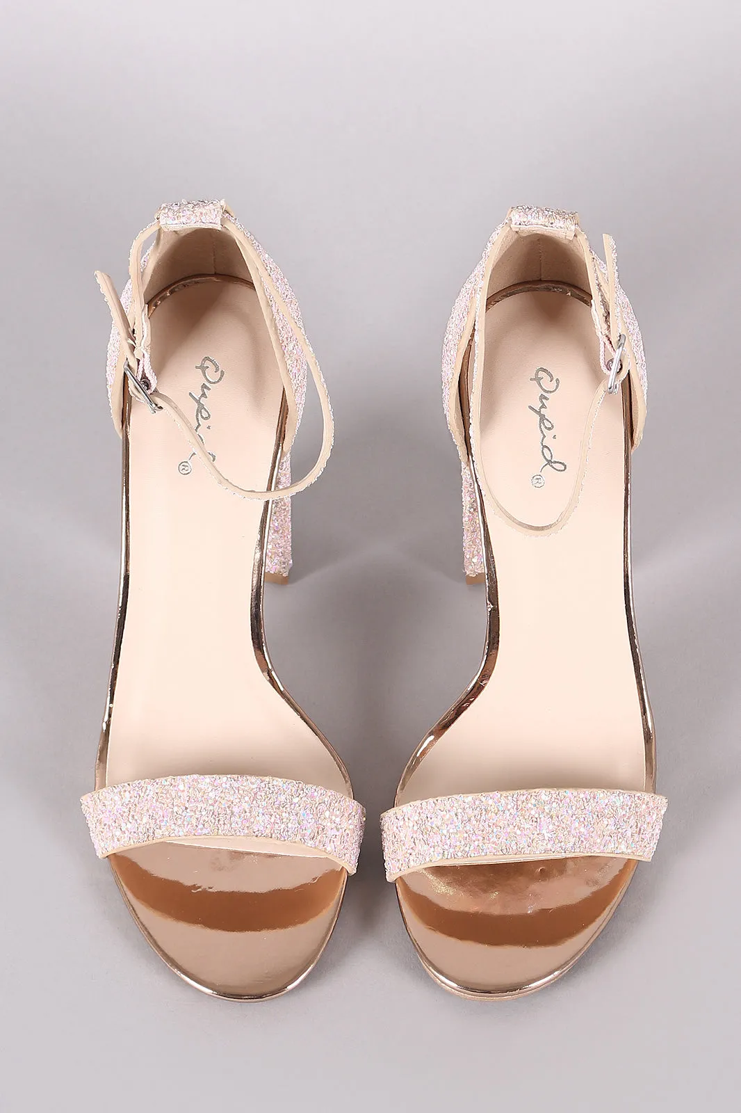 Qupid Glitter Encrusted Open Toe Ankle Strap Chunky Heel