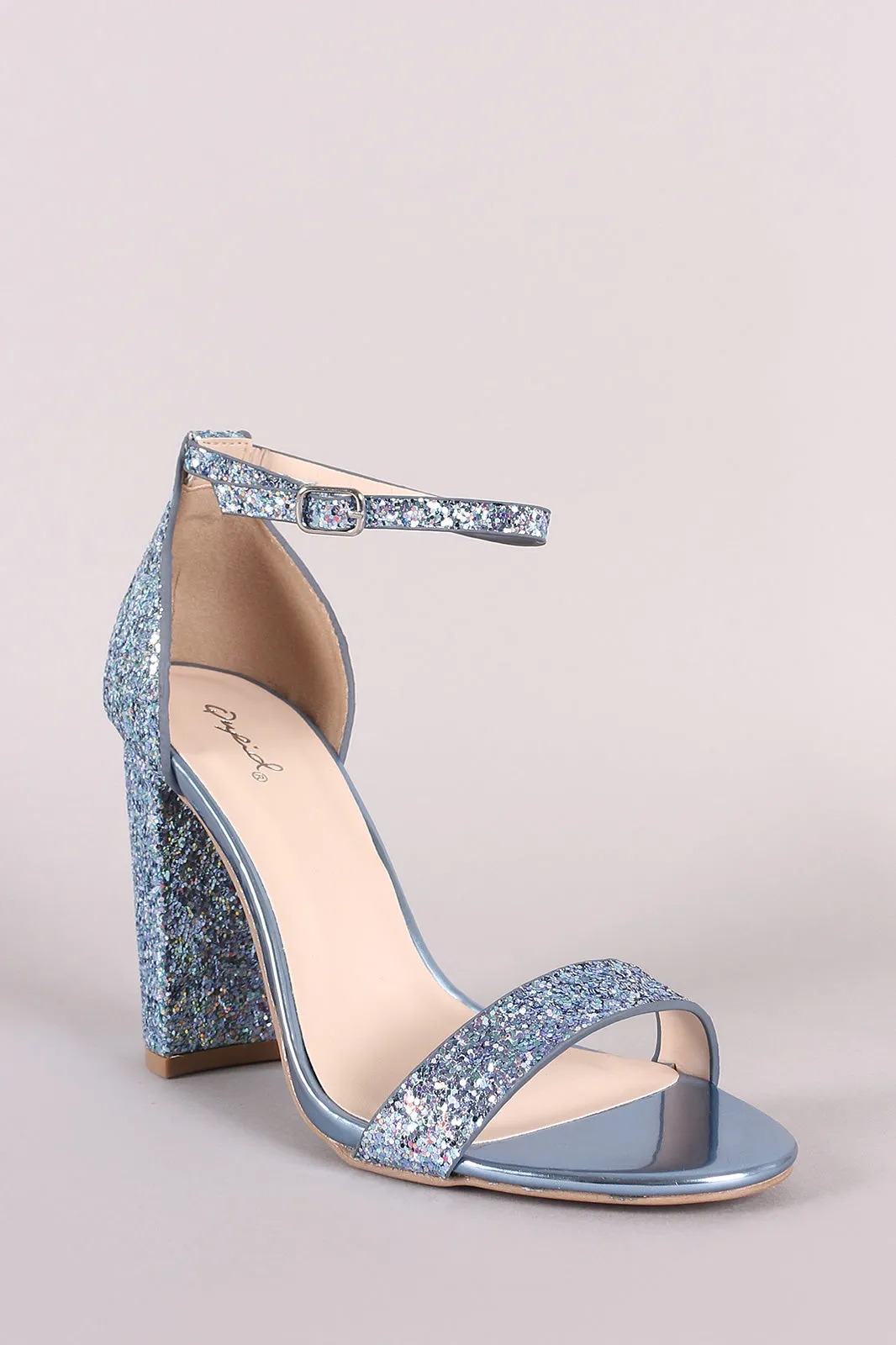 Qupid Glitter Encrusted Open Toe Ankle Strap Chunky Heel
