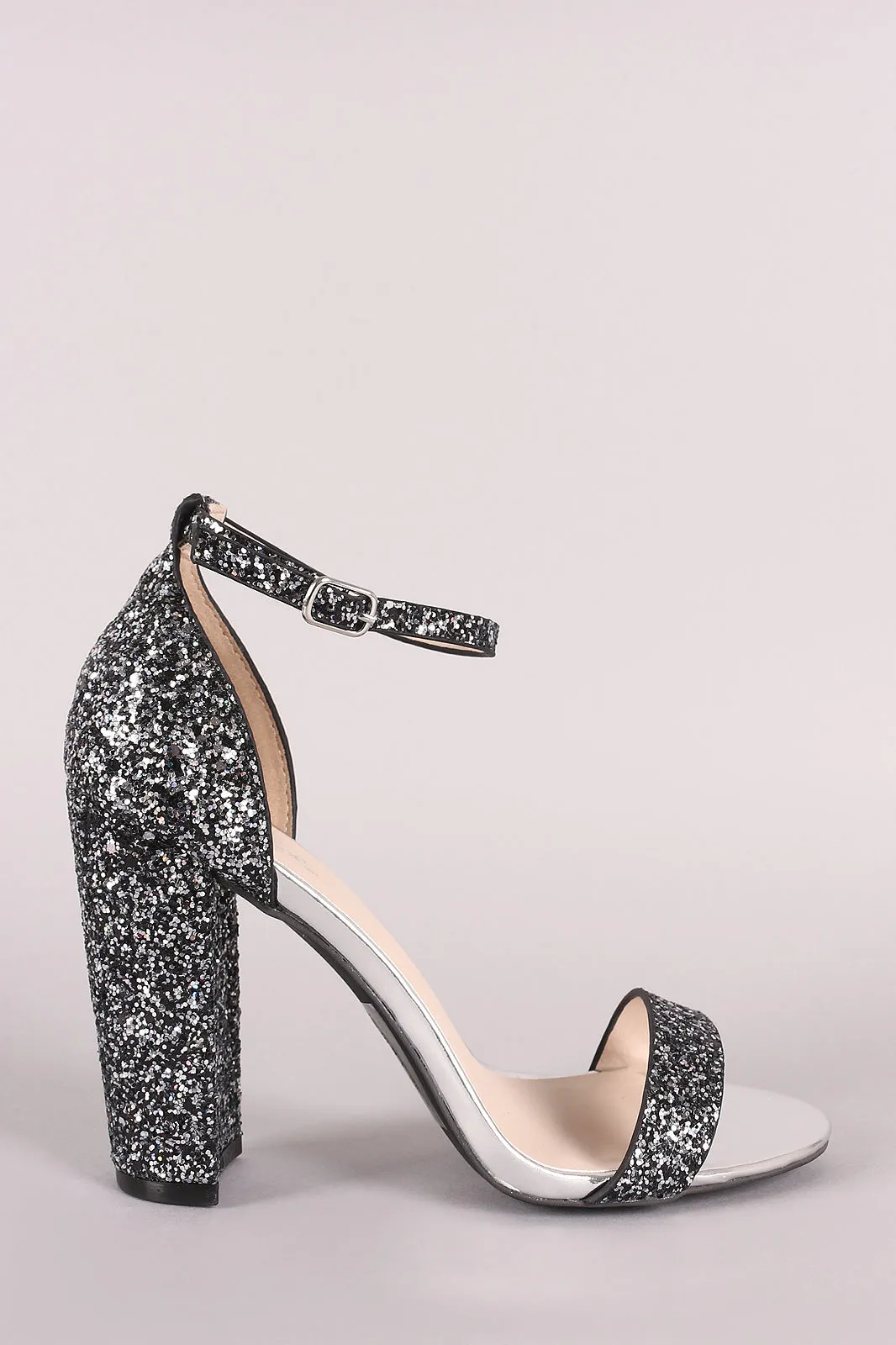 Qupid Glitter Encrusted Open Toe Ankle Strap Chunky Heel