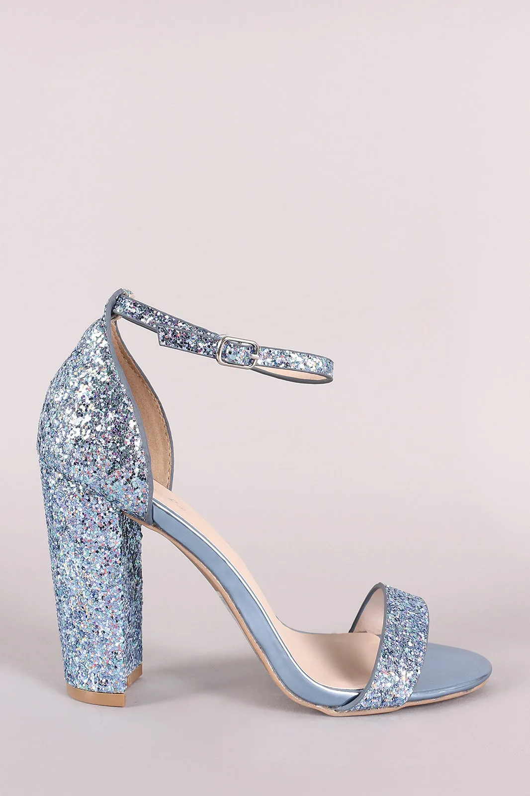 Qupid Glitter Encrusted Open Toe Ankle Strap Chunky Heel