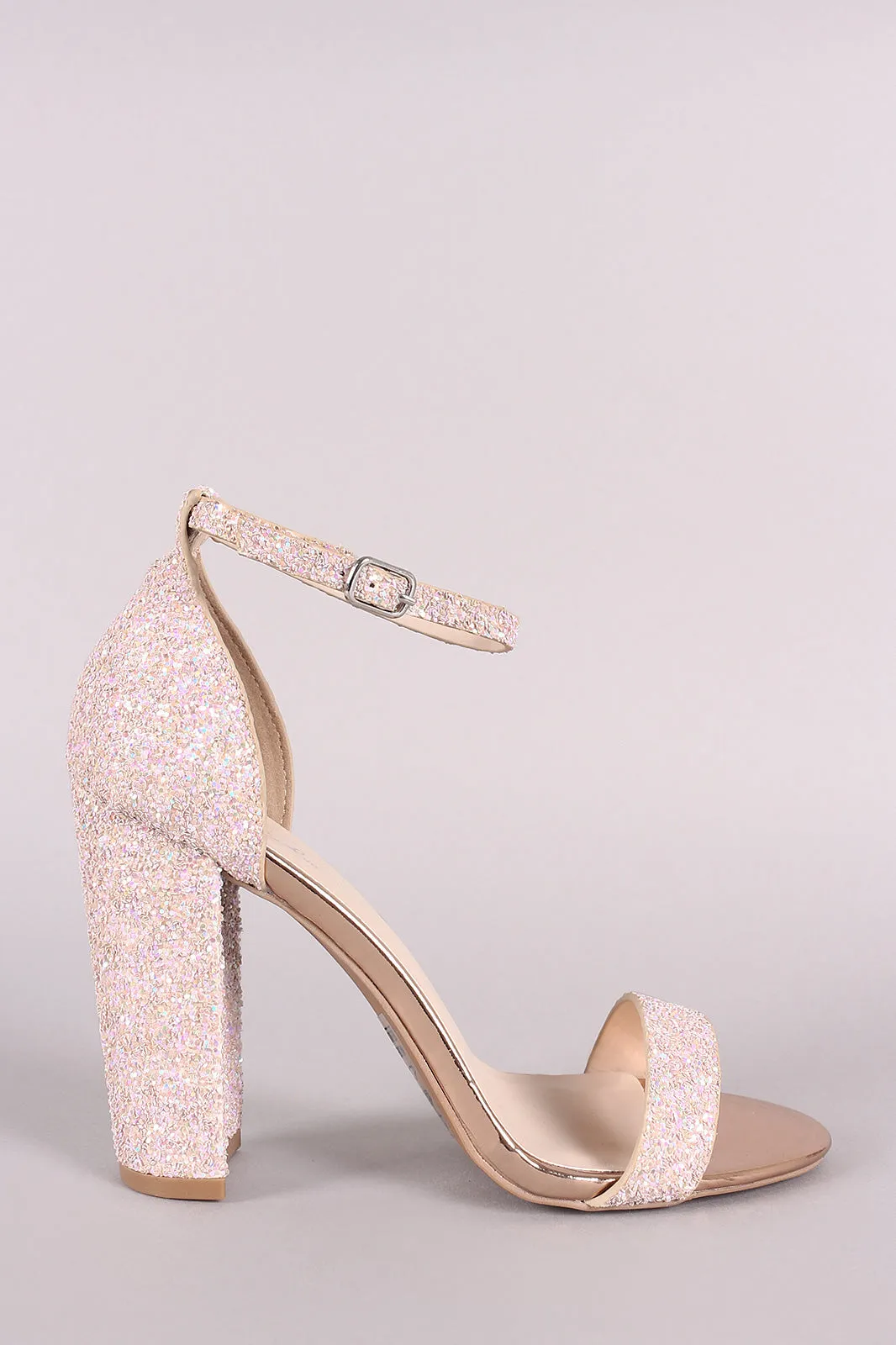 Qupid Glitter Encrusted Open Toe Ankle Strap Chunky Heel