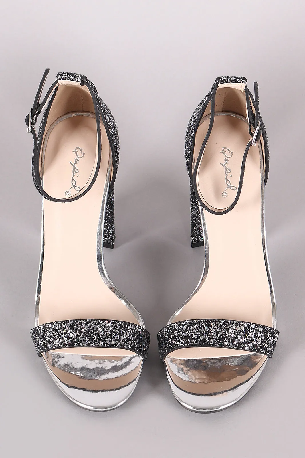 Qupid Glitter Encrusted Open Toe Ankle Strap Chunky Heel