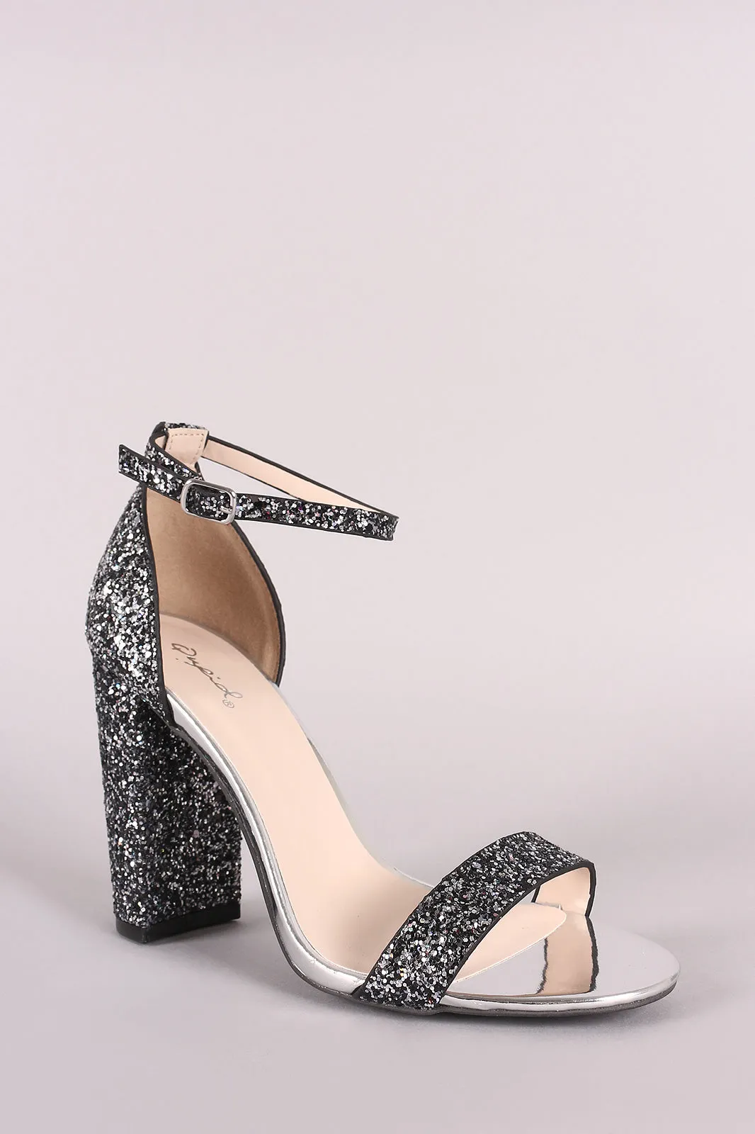 Qupid Glitter Encrusted Open Toe Ankle Strap Chunky Heel