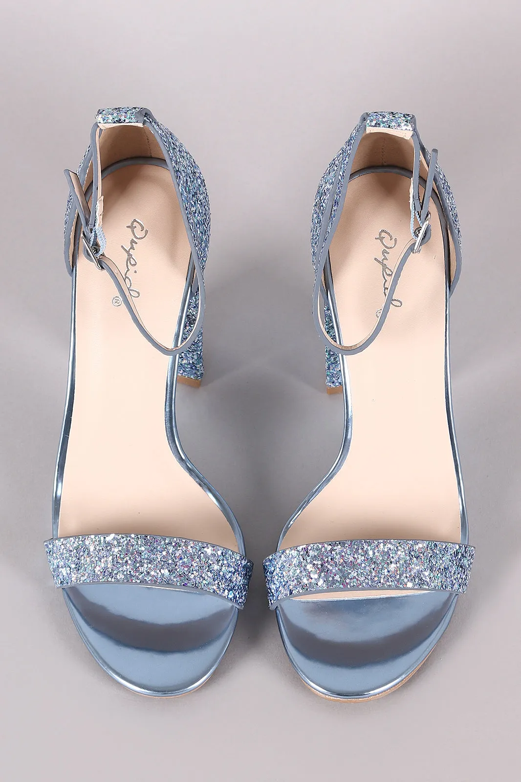 Qupid Glitter Encrusted Open Toe Ankle Strap Chunky Heel