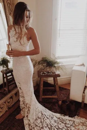 Romantic Boho Beach Wedding Dresses,Lace Mermaid Princess Backless Wedding Gowns PFW0260