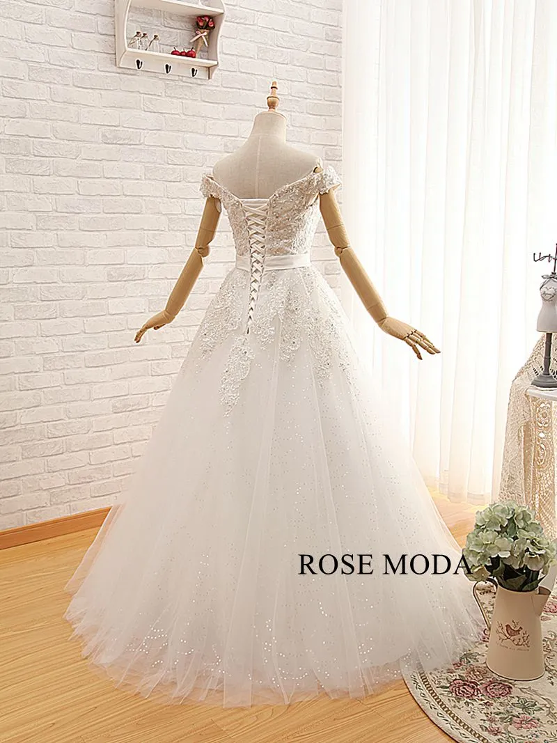 Rosemoda Off-the-shoulder Structured A Line Wedding Dress With Glitter Skirt