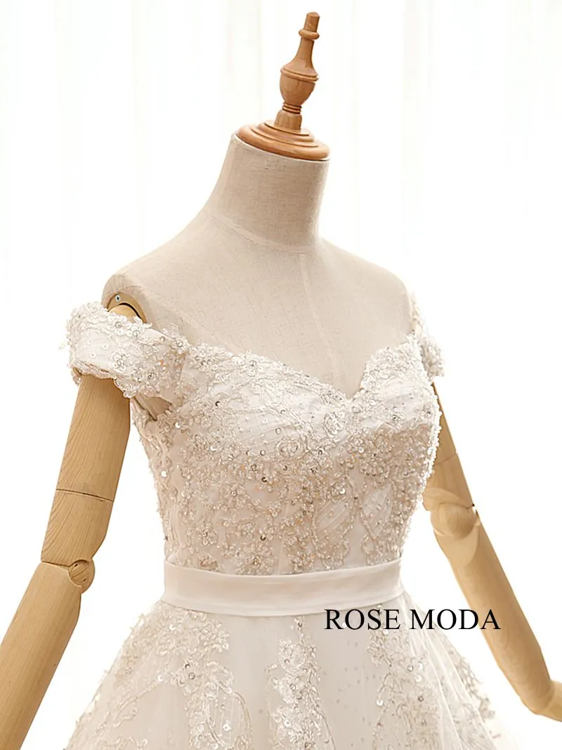 Rosemoda Off-the-shoulder Structured A Line Wedding Dress With Glitter Skirt