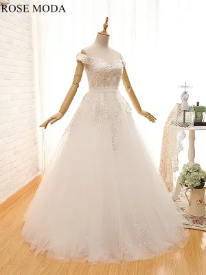 Rosemoda Off-the-shoulder Structured A Line Wedding Dress With Glitter Skirt