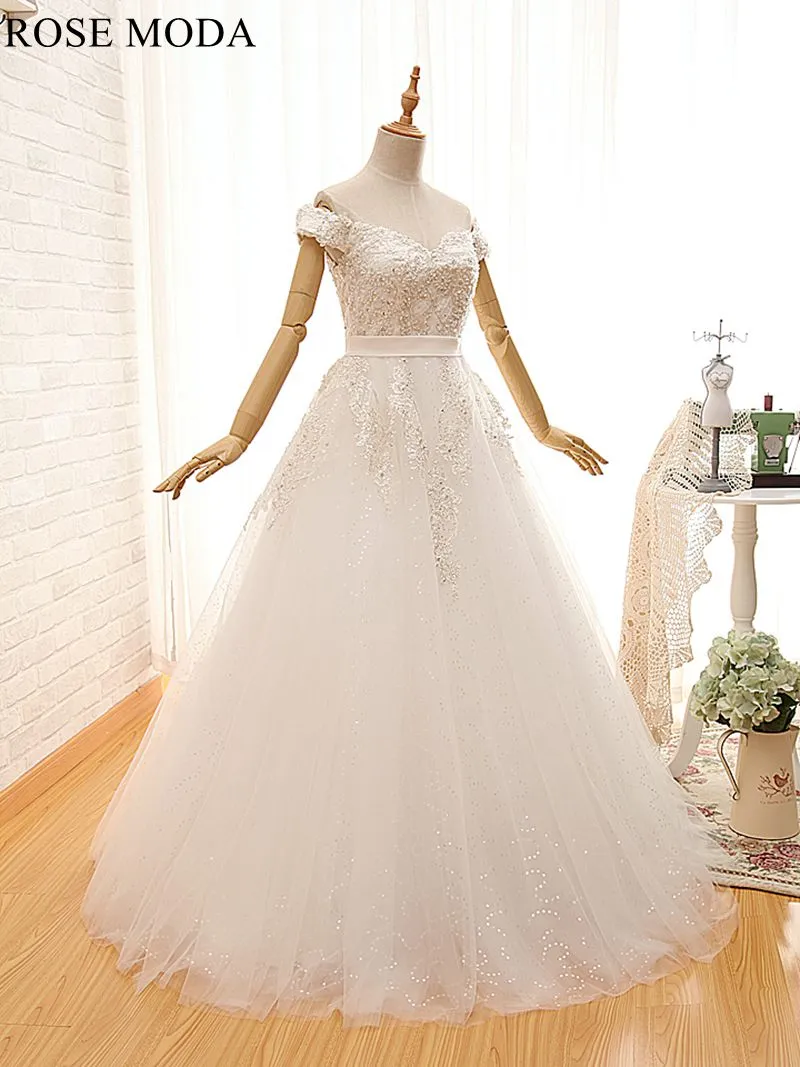 Rosemoda Off-the-shoulder Structured A Line Wedding Dress With Glitter Skirt