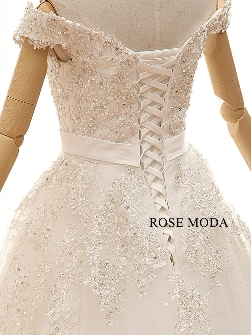 Rosemoda Off-the-shoulder Structured A Line Wedding Dress With Glitter Skirt
