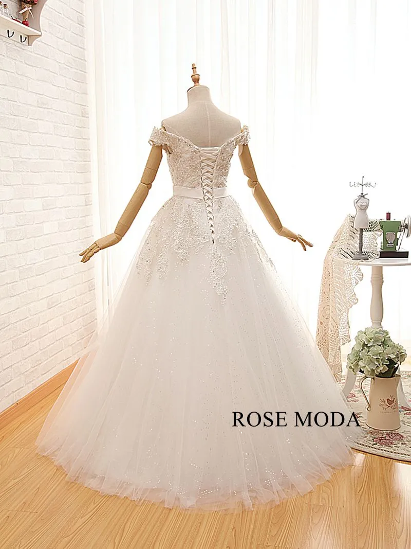 Rosemoda Off-the-shoulder Structured A Line Wedding Dress With Glitter Skirt