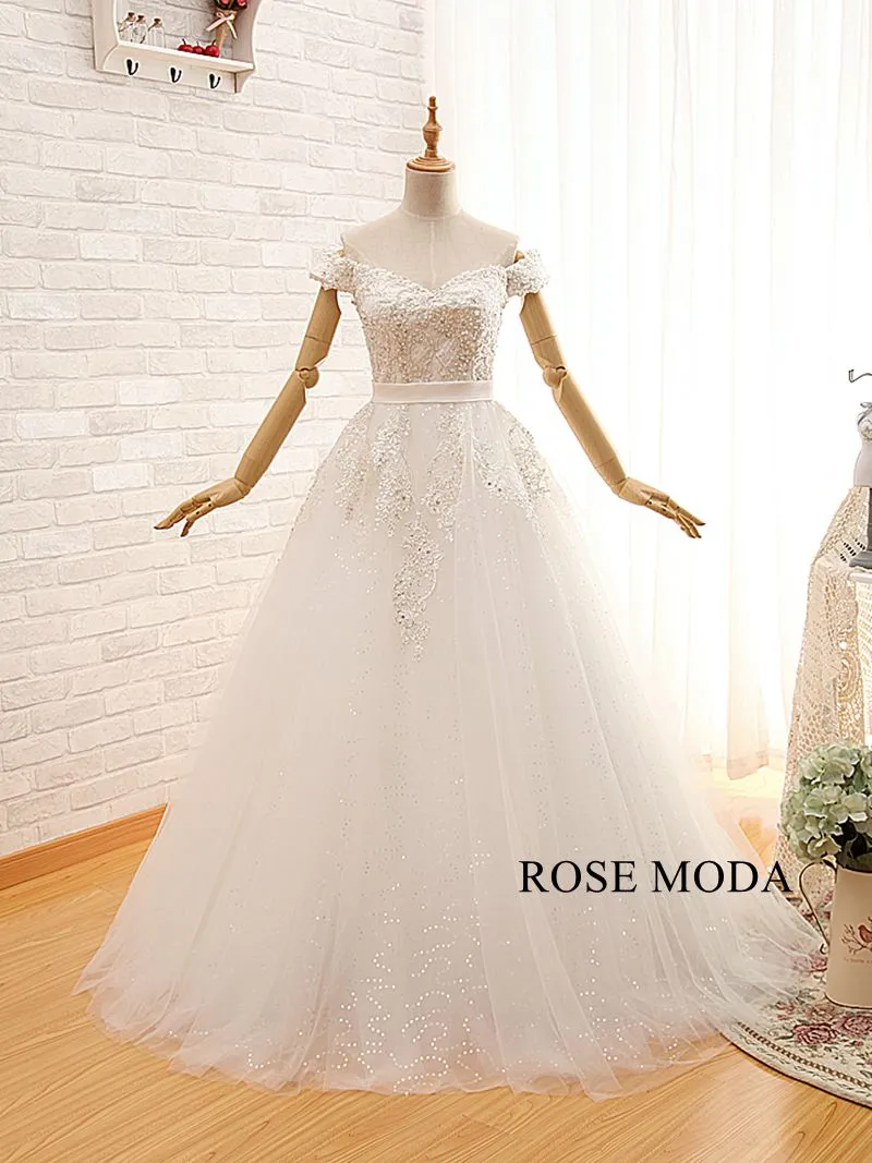 Rosemoda Off-the-shoulder Structured A Line Wedding Dress With Glitter Skirt