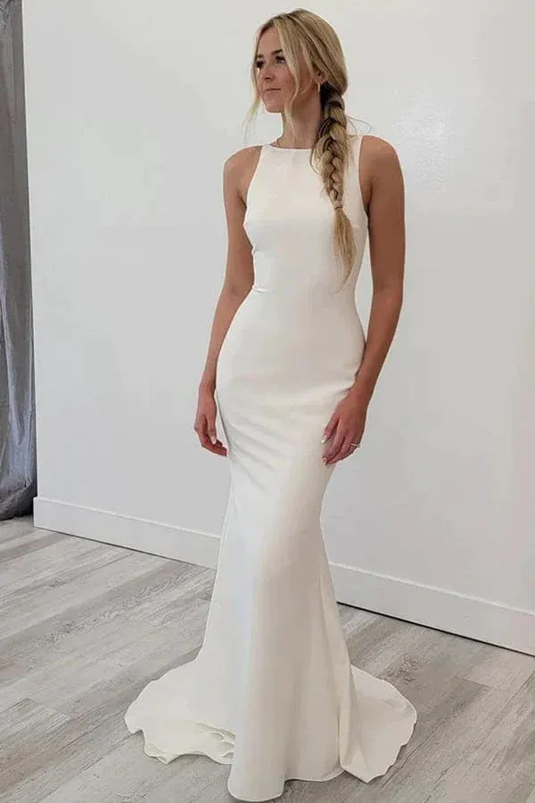 Satin Mermaid Open Back Beach Wedding Dresses Simple Bridal Gowns TN371