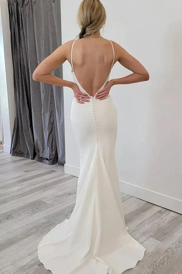 Satin Mermaid Open Back Beach Wedding Dresses Simple Bridal Gowns TN371