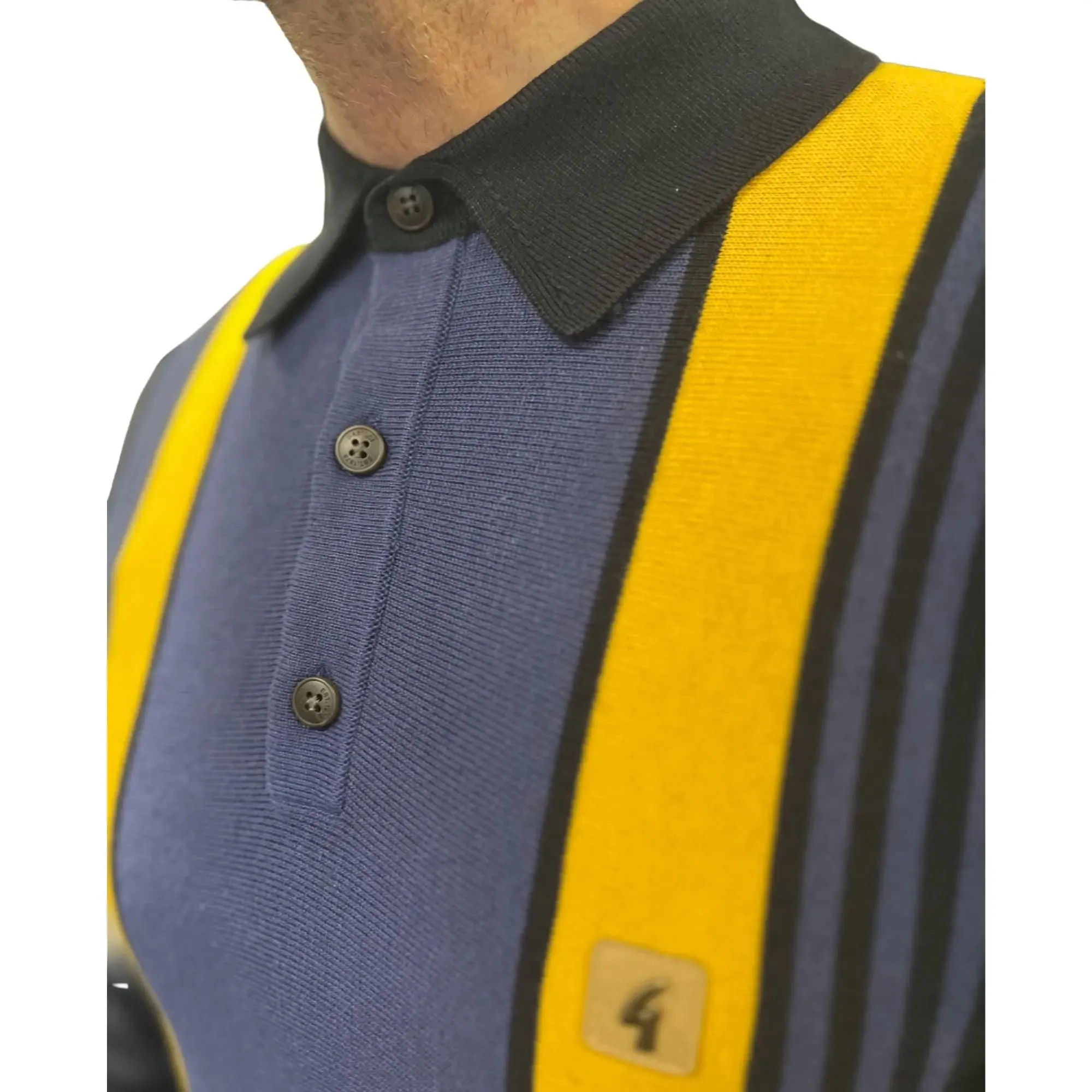 Searle Navy & Yellow Striped Knitted Polo Shirt