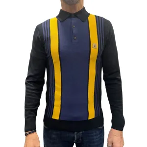 Searle Navy & Yellow Striped Knitted Polo Shirt
