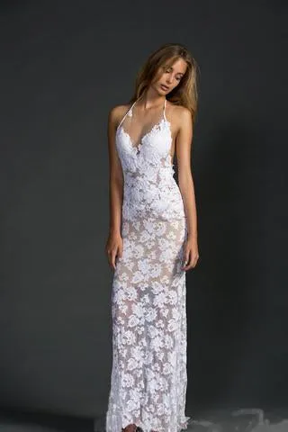 Sexy Mermaid Lace White Halter V-Neck Backless Beach Wedding Dress PFW0135