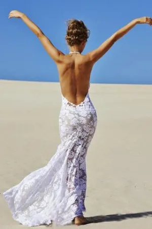 Sexy Mermaid Lace White Halter V-Neck Backless Beach Wedding Dress PFW0135