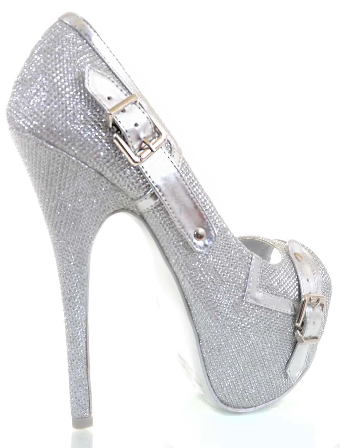 Silver Metallic Glitter Trim Peep Toe Pump Platform Sexy Women's Heels