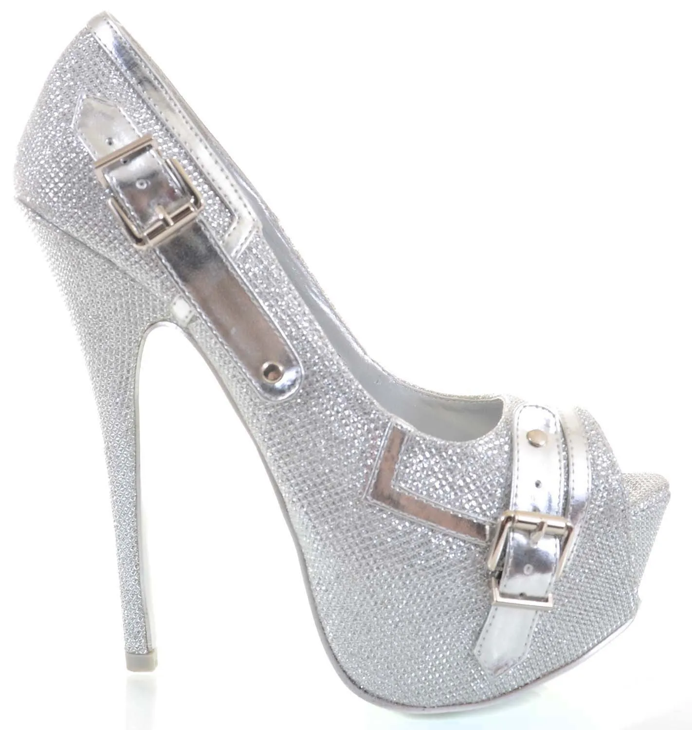 Silver Metallic Glitter Trim Peep Toe Pump Platform Sexy Women's Heels