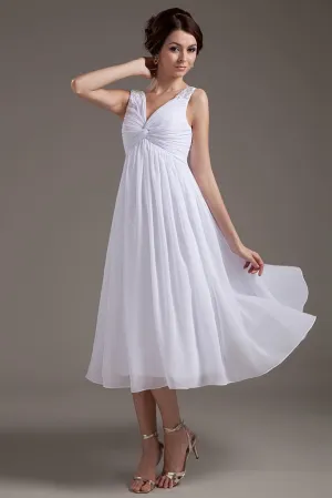 Simple White Chiffon V-neck Open Back Beach Wedding Dresses PFW0296