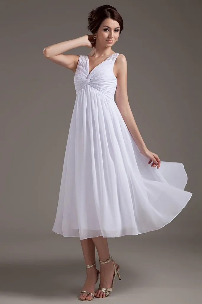 Simple White Chiffon V-neck Open Back Beach Wedding Dresses PFW0296