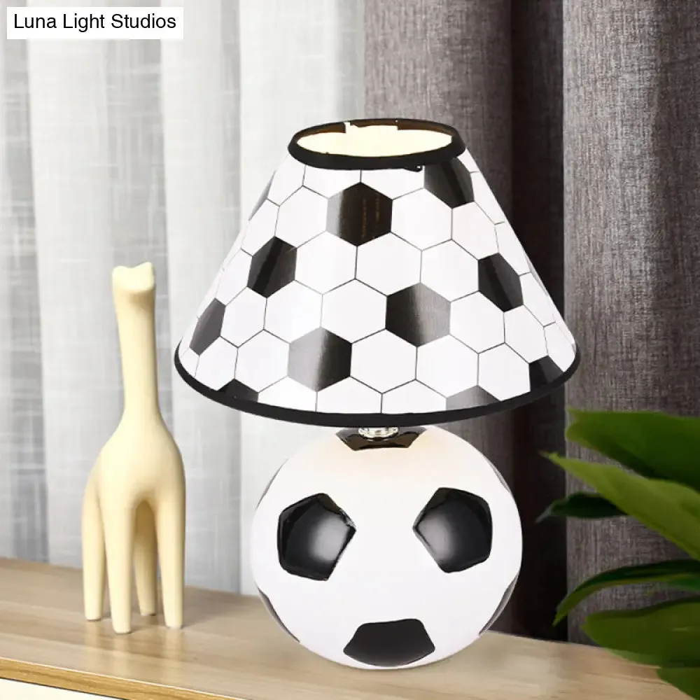 Soccer-Inspired Cartoon Night Lamp: White and Black Ceramic Table Light with Plastic Conic Shade