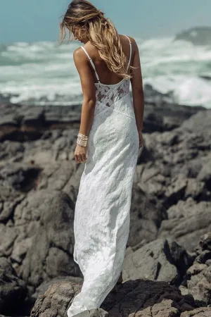 Summer Long Sheath Spaghetti Straps Lace Backless Beach Wedding Dresses PFW0201