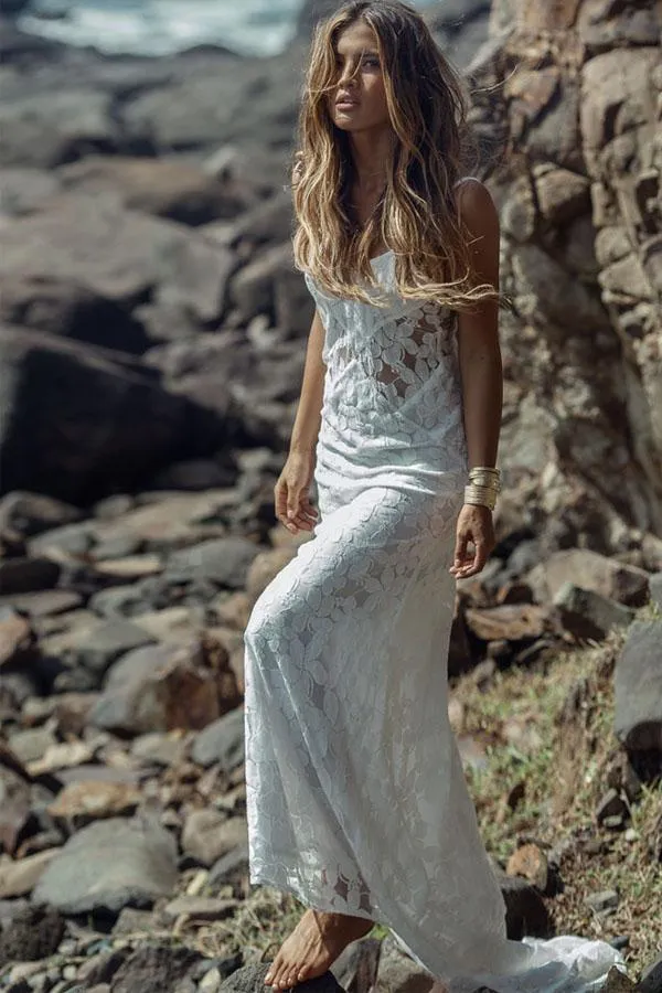 Summer Long Sheath Spaghetti Straps Lace Backless Beach Wedding Dresses PFW0201
