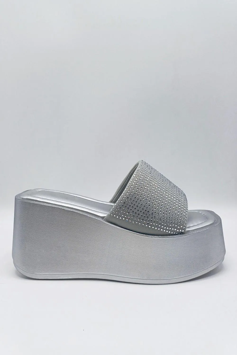 Tahiti Diamante Embellished Strap Wedge Mules in Silver