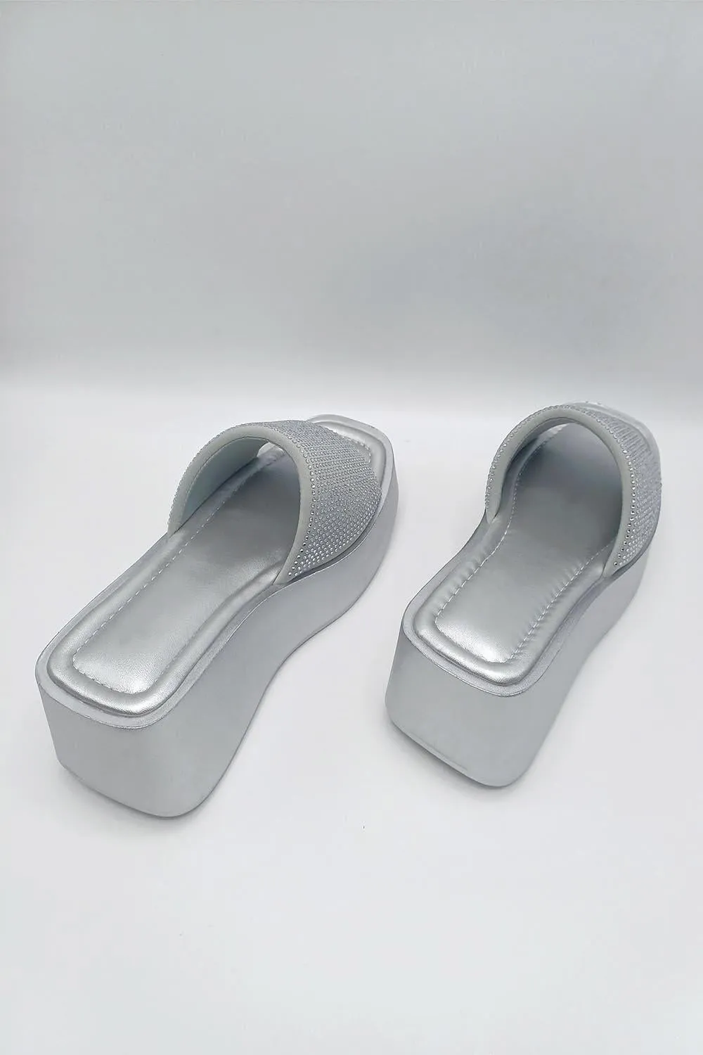 Tahiti Diamante Embellished Strap Wedge Mules in Silver