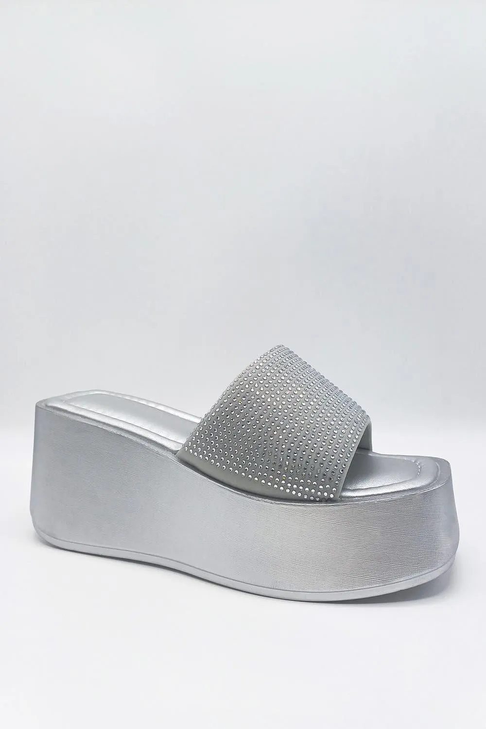 Tahiti Diamante Embellished Strap Wedge Mules in Silver