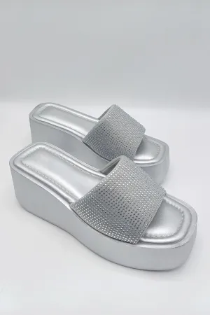 Tahiti Diamante Embellished Strap Wedge Mules in Silver