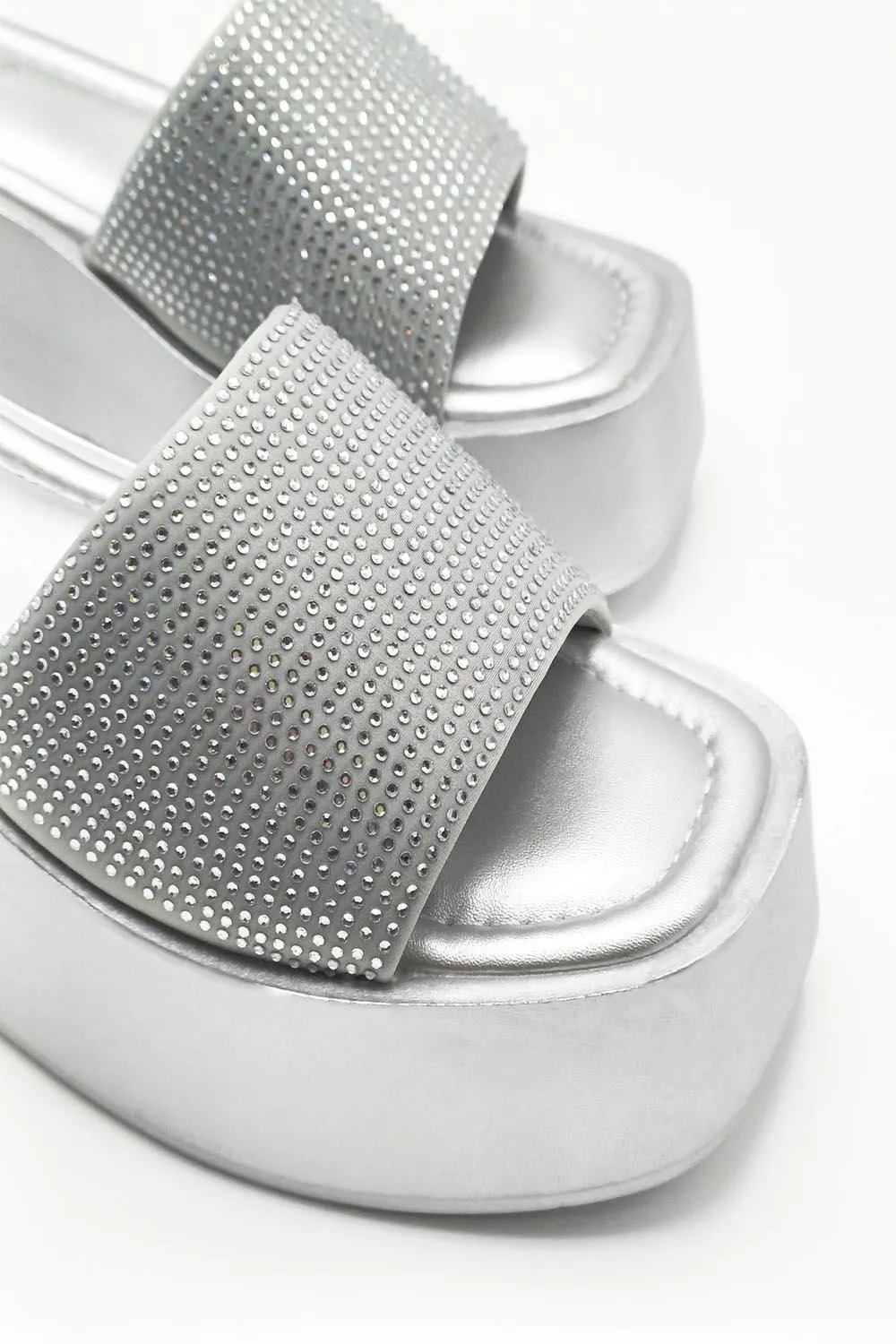 Tahiti Diamante Embellished Strap Wedge Mules in Silver