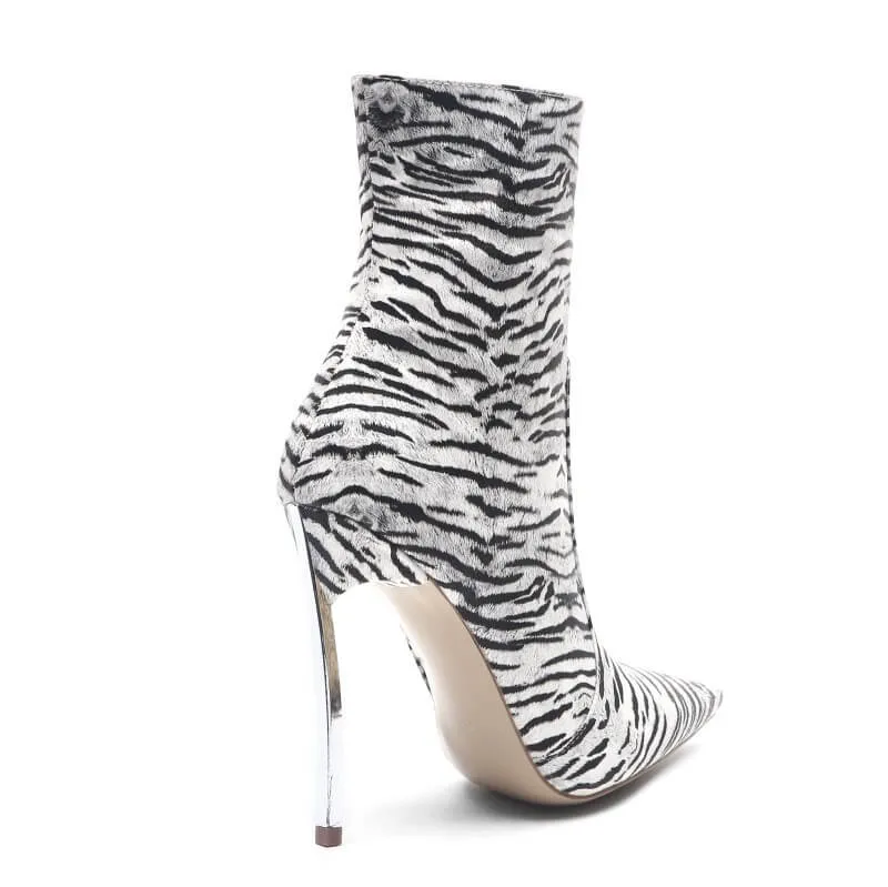 Tiger Print Pointed Toe Zipper High Heel Ankle Boots