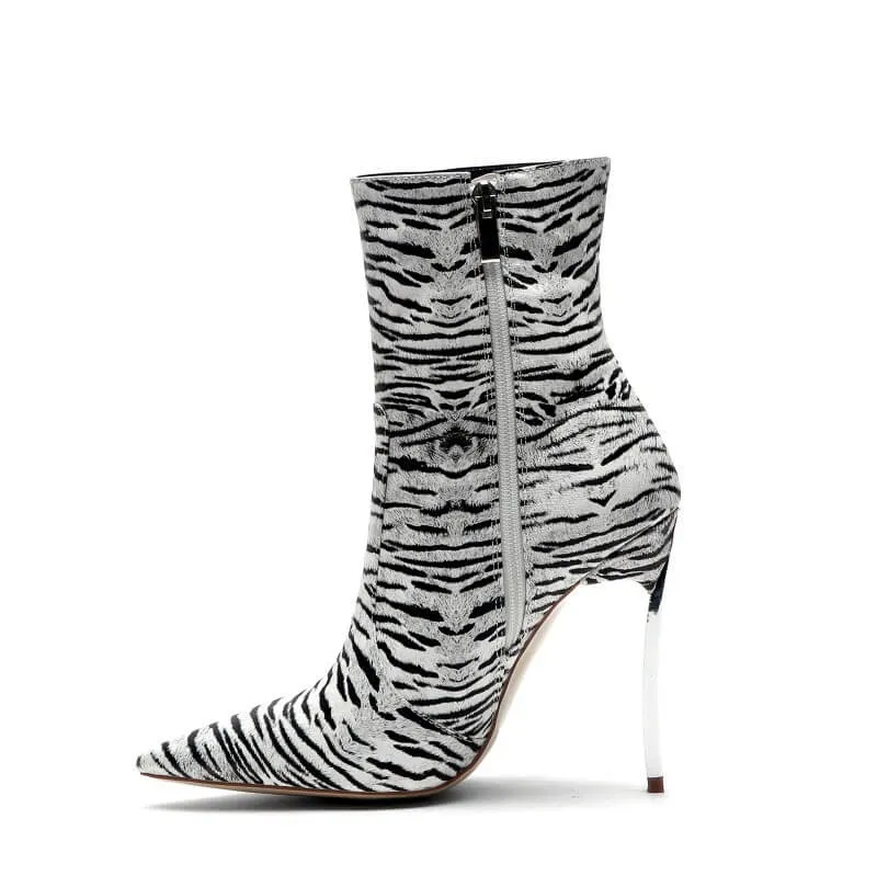 Tiger Print Pointed Toe Zipper High Heel Ankle Boots