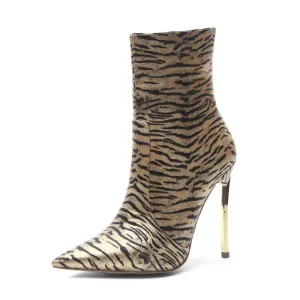 Tiger Print Pointed Toe Zipper High Heel Ankle Boots
