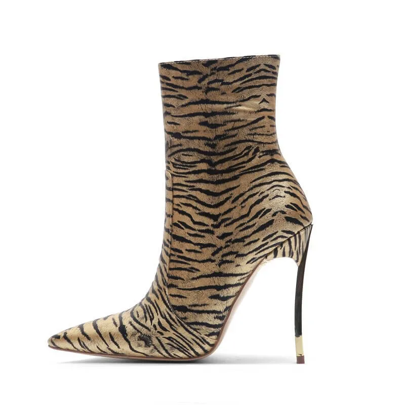 Tiger Print Pointed Toe Zipper High Heel Ankle Boots