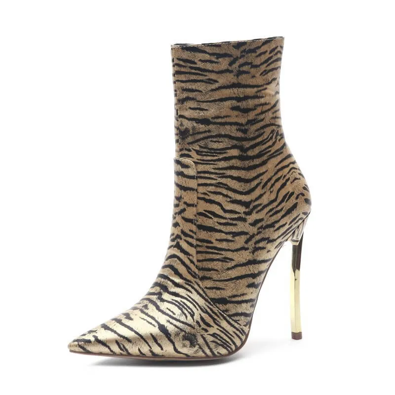 Tiger Print Pointed Toe Zipper High Heel Ankle Boots