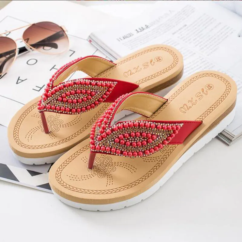 Vanccy Rhinestone Eye Personality Pearl Slippers